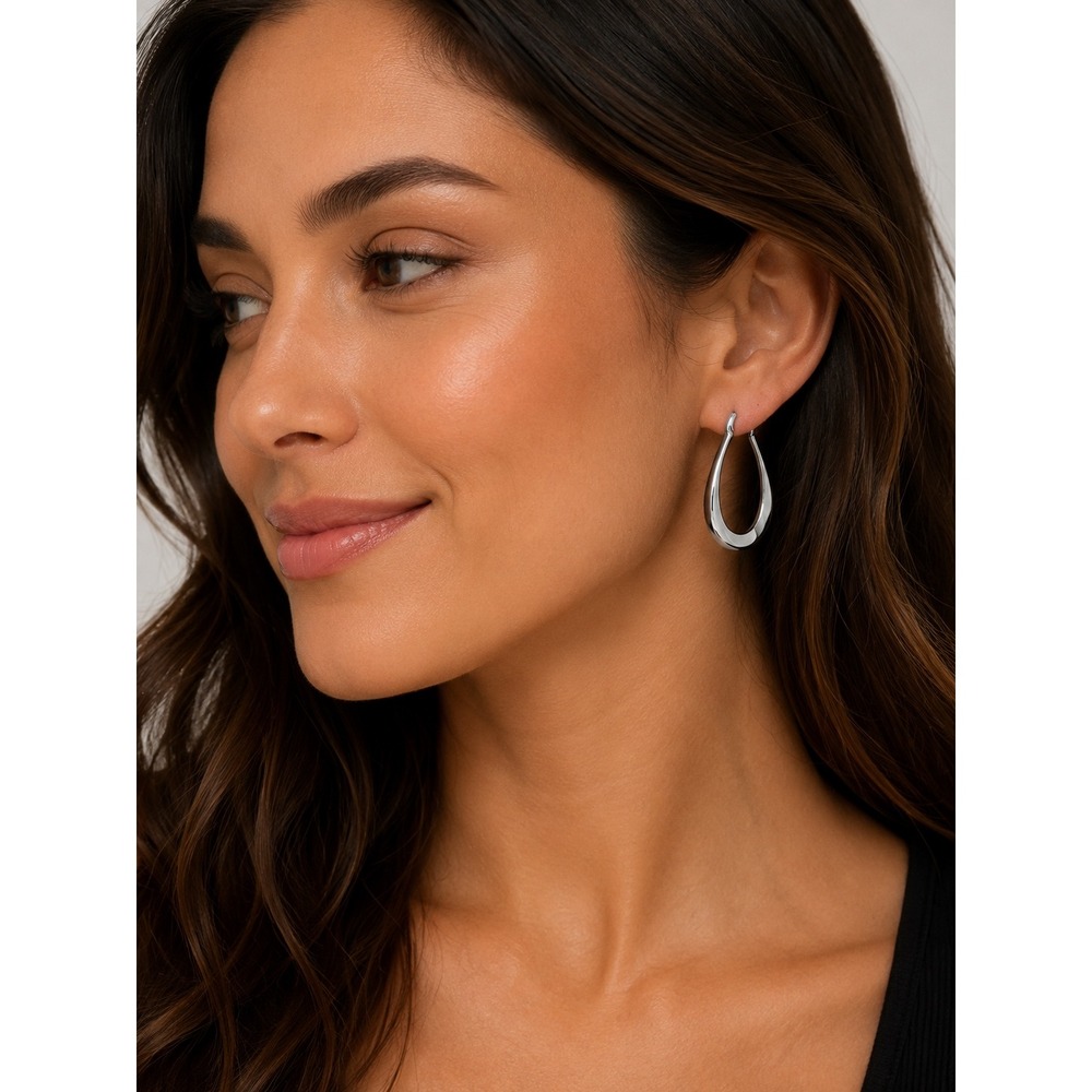 Brand New Modern Sculptural Wave Hoop Earrings / Silver Plated